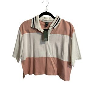 216 Wild Fable Cropped Rugby Polo Shirt Pink & White Striped Short Sleeve Top